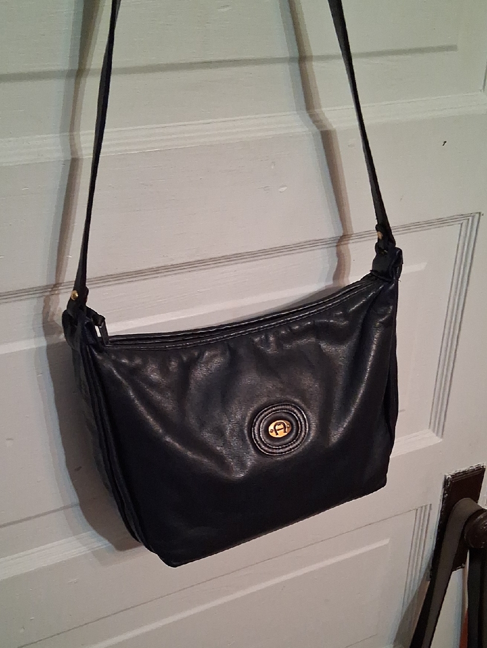 Etienne Aigner Blue Navy Leather Crossbody with Gold Emblem